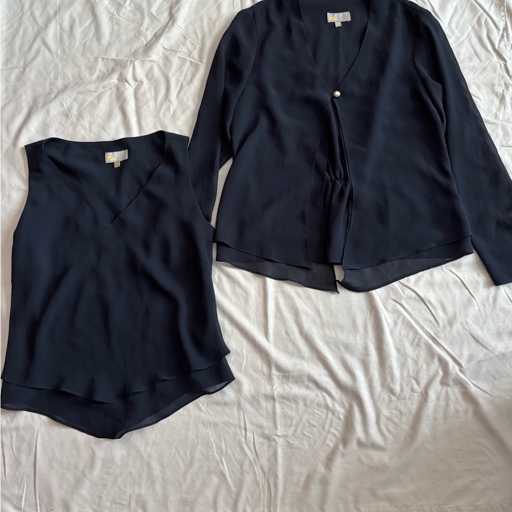 Navy Blue Linea Domani Sleeveless Top, Blouse & Pant Set
